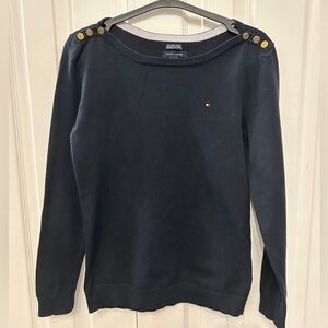 Tommy Hilfiger Navy Boat Neck Sweater Gold Button Nautical Women’s M